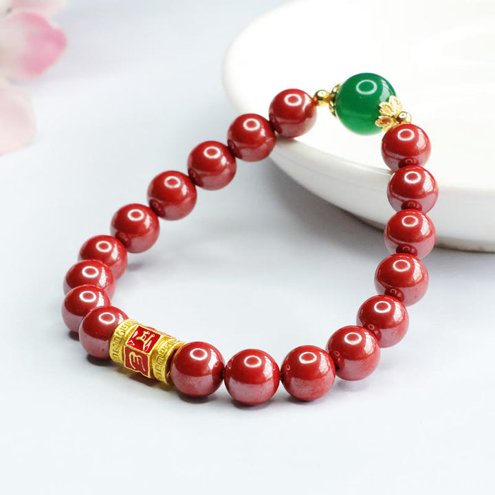 Buddha Stones Pulsera de Bendición con Cinabrio Natural Ágata Verde Patrón Om Mani Padme Hum