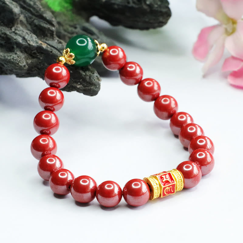Buddha Stones Pulsera de Bendición con Cinabrio Natural Ágata Verde Patrón Om Mani Padme Hum