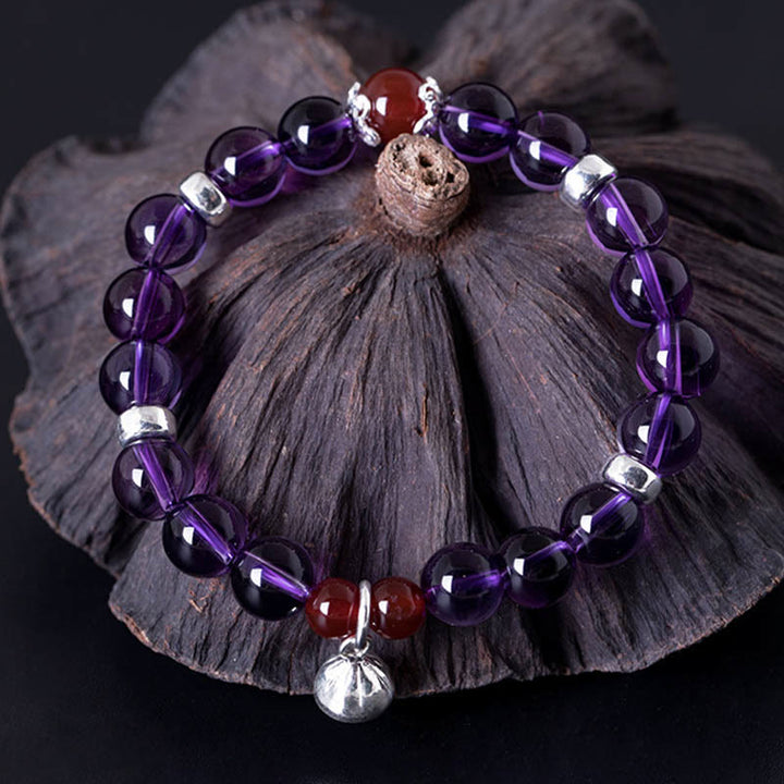 Buddha Stones Pulsera de plata de ley 925 con amatista natural y ágata roja positiva con loto
