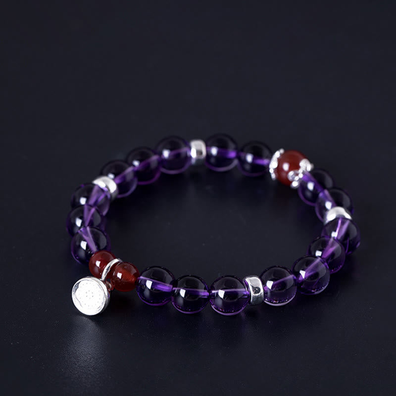 Buddha Stones Pulsera de plata de ley 925 con amatista natural y ágata roja positiva con loto