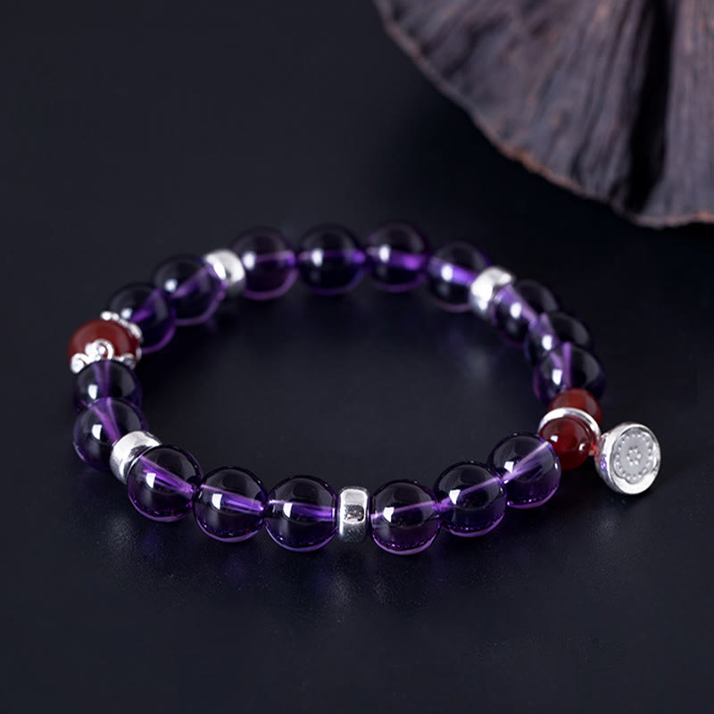 Buddha Stones Pulsera de plata de ley 925 con amatista natural y ágata roja positiva con loto