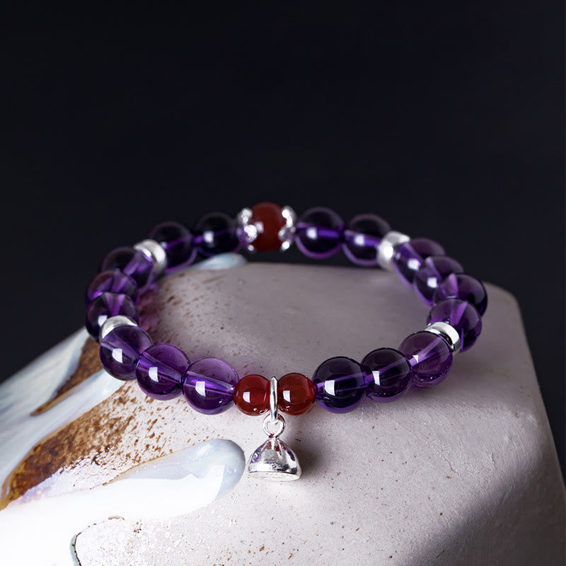 Buddha Stones Pulsera de plata de ley 925 con amatista natural y ágata roja positiva con loto