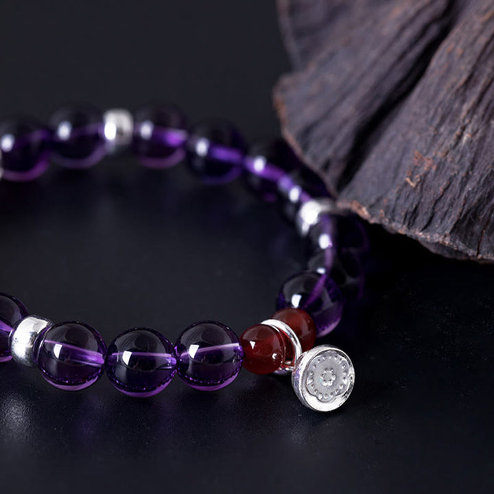 Buddha Stones Pulsera de plata de ley 925 con amatista natural y ágata roja positiva con loto