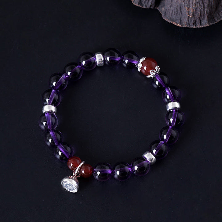 Buddha Stones Pulsera de plata de ley 925 con amatista natural y ágata roja positiva con loto