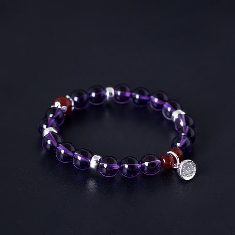 Buddha Stones Pulsera de plata de ley 925 con amatista natural y ágata roja positiva con loto