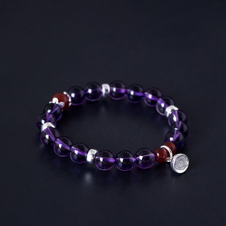 Buddha Stones Pulsera de plata de ley 925 con amatista natural y ágata roja positiva con loto