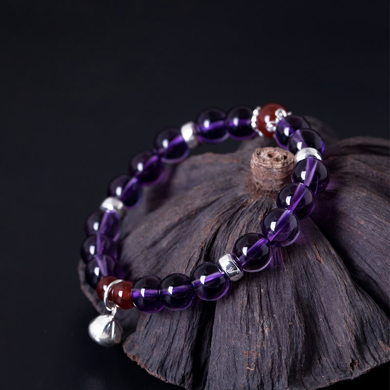 Buddha Stones Pulsera de plata de ley 925 con amatista natural y ágata roja positiva con loto