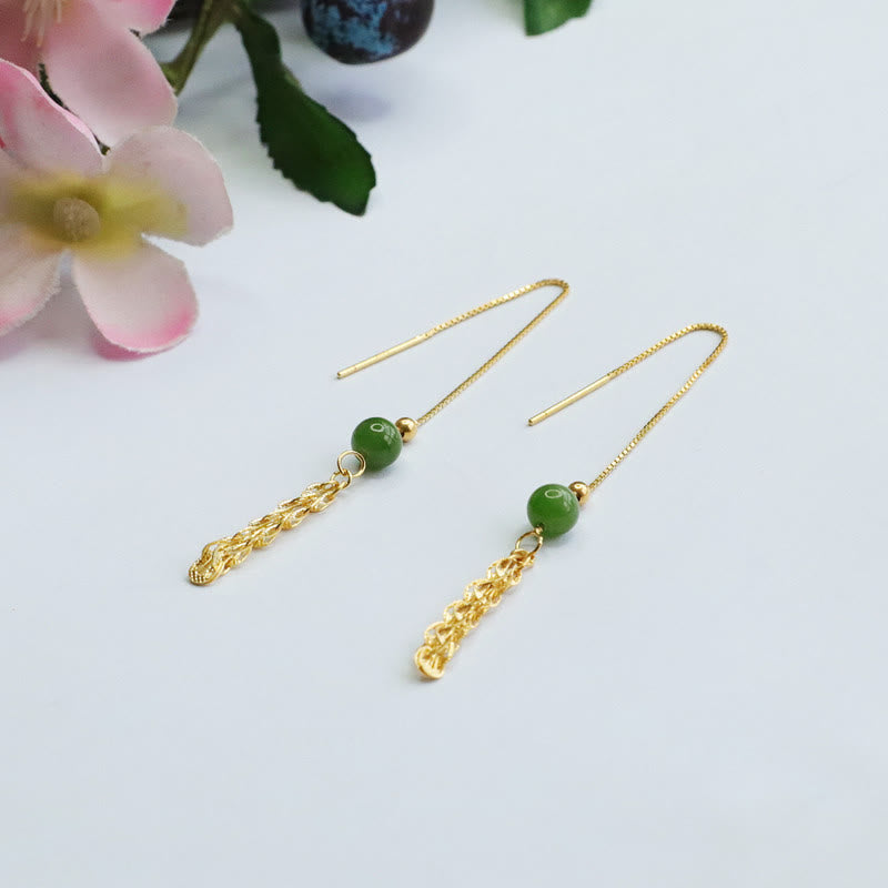 Buddha Stones Pendientes colgantes de cola de fénix de la suerte con abalorio de jade natural Hetian cian en plata de ley 925