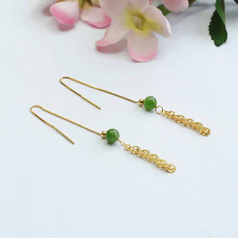 Buddha Stones Pendientes colgantes de cola de fénix de la suerte con abalorio de jade natural Hetian cian en plata de ley 925