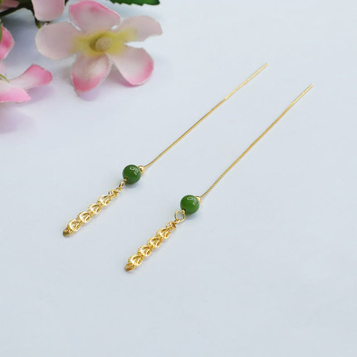 Buddha Stones Pendientes colgantes de cola de fénix de la suerte con abalorio de jade natural Hetian cian en plata de ley 925