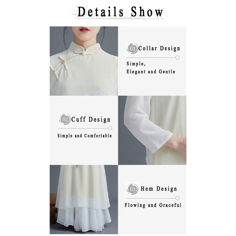 Juego de Ropa Zen para Mujeres de Buddha Stones: Vestido Cheongsam de Flores de Peonía de Chiffón de Largo Midi 2 Piezas - image 4