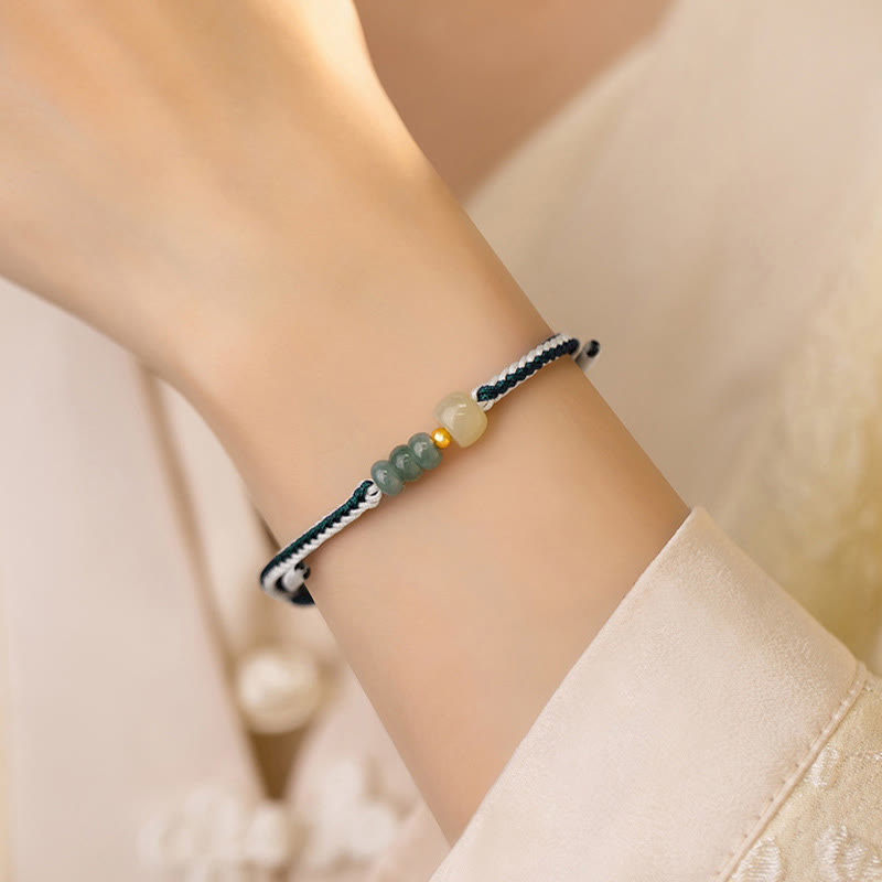 Pulsera de cuerda trenzada de abundancia de cuentas de jade hetiano de plata de ley 925 con Buddha Stones