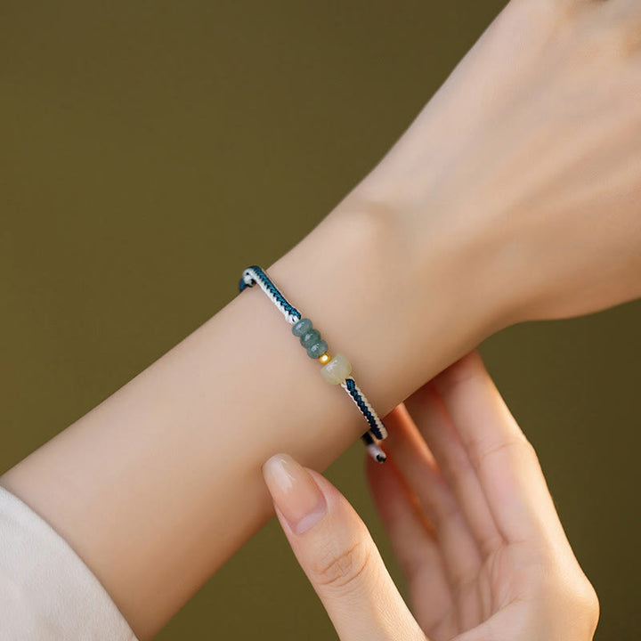 Pulsera de cuerda trenzada de abundancia de cuentas de jade hetiano de plata de ley 925 con Buddha Stones