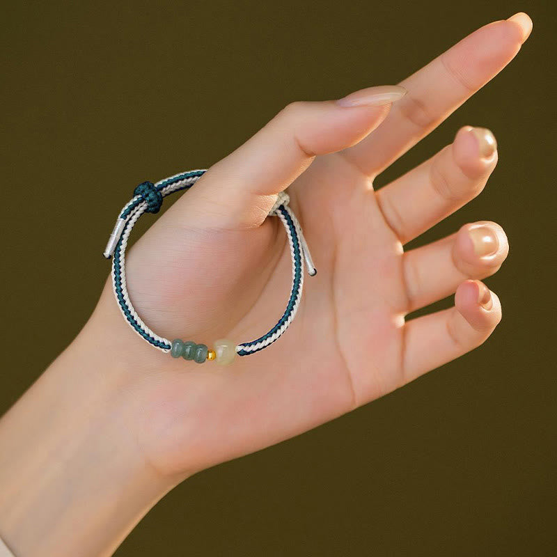Pulsera de cuerda trenzada de abundancia de cuentas de jade hetiano de plata de ley 925 con Buddha Stones