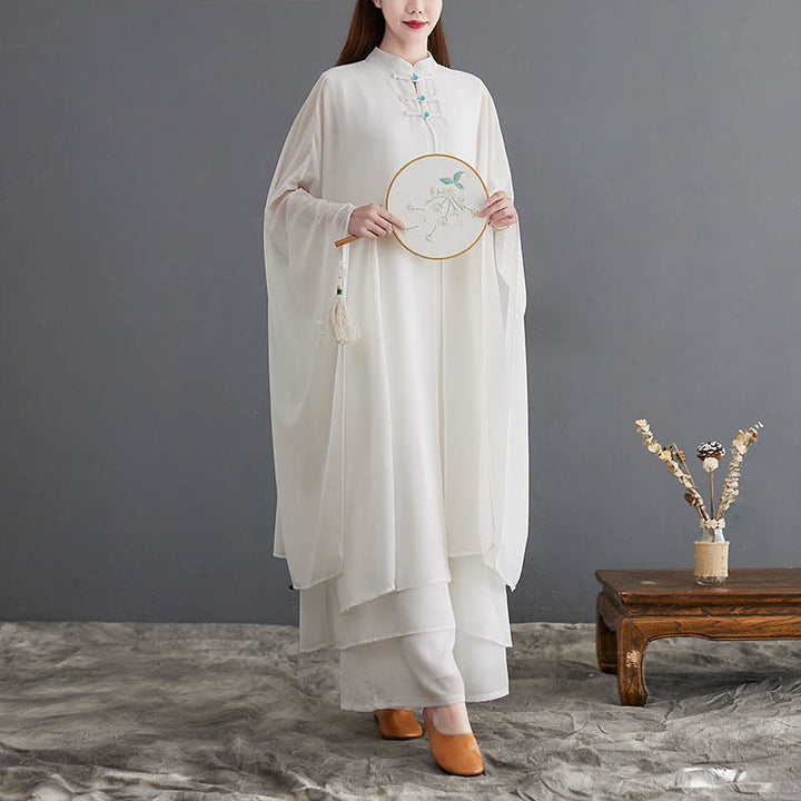 Conjunto Zen para Mujer de 2 Piezas con Vestido Midi de Manga Larga con Botones de Rana y Pantalones Amplios de Chifón Buddha Stones