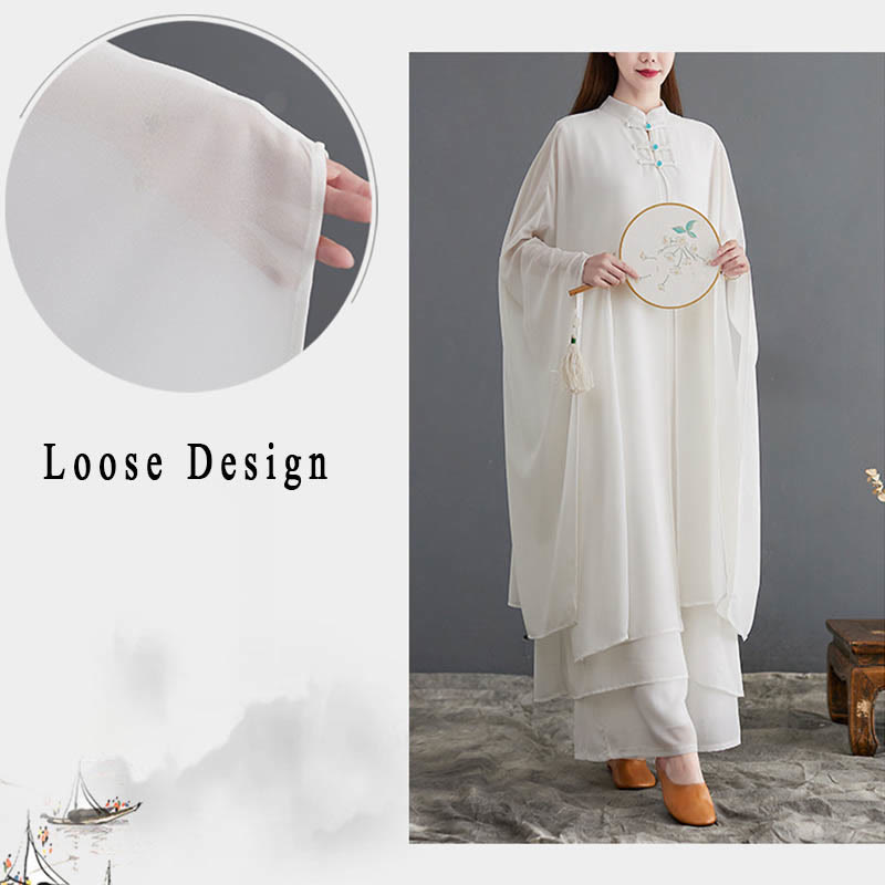 Conjunto Zen para Mujer de 2 Piezas con Vestido Midi de Manga Larga con Botones de Rana y Pantalones Amplios de Chifón Buddha Stones