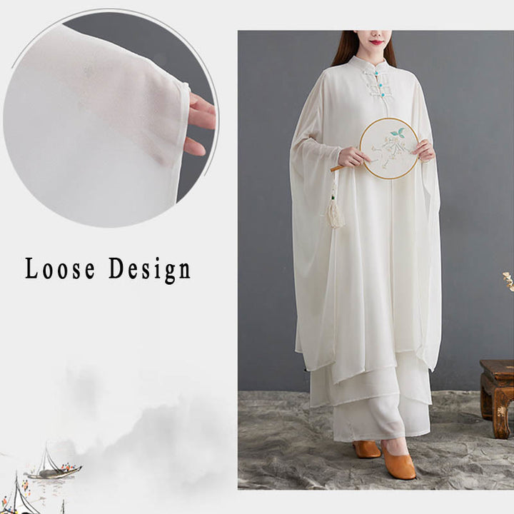 Conjunto Zen para Mujer de 2 Piezas con Vestido Midi de Manga Larga con Botones de Rana y Pantalones Amplios de Chifón Buddha Stones