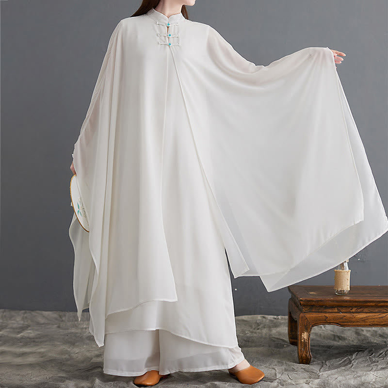 Conjunto Zen para Mujer de 2 Piezas con Vestido Midi de Manga Larga con Botones de Rana y Pantalones Amplios de Chifón Buddha Stones