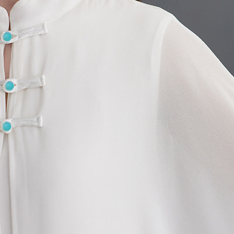 Conjunto Zen para Mujer de 2 Piezas con Vestido Midi de Manga Larga con Botones de Rana y Pantalones Amplios de Chifón Buddha Stones