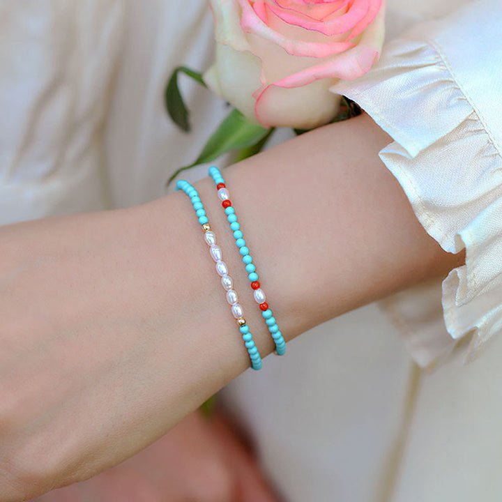 Pulsera de protección de pequeñas cuentas de piedras de Buda con turquesa, ágata roja y perla