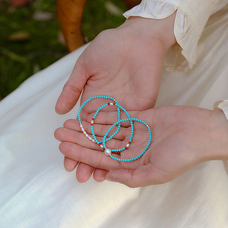 Pulsera de protección de pequeñas cuentas de piedras de Buda con turquesa, ágata roja y perla
