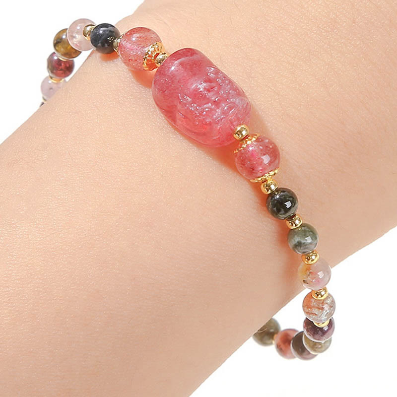Buddha Stones Pulsera de Curación con Piedra de Luna Cuarzo Fresa Turmalina PiXiu