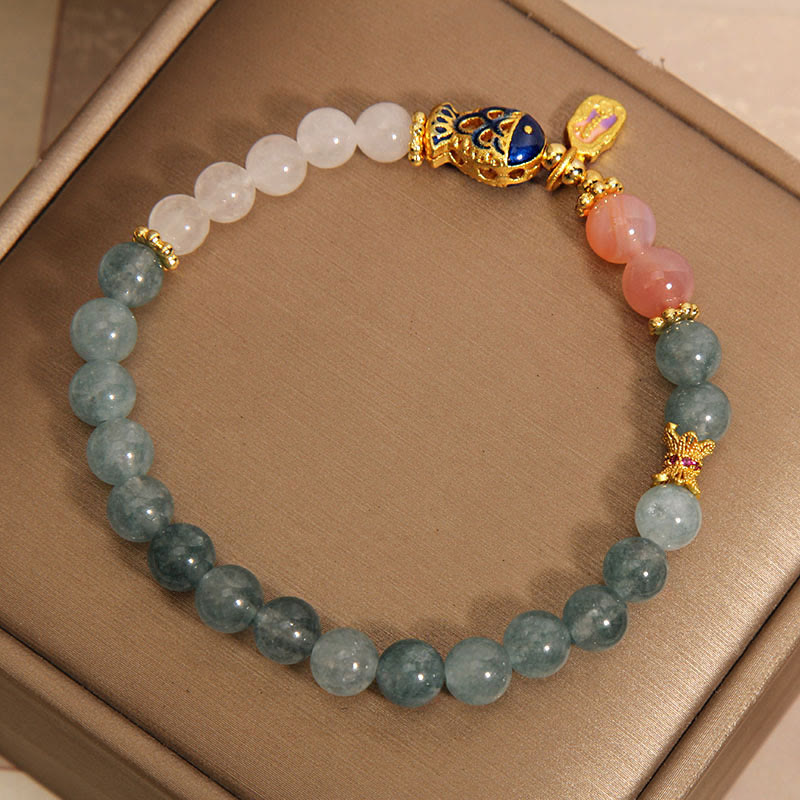 Buddha Stones Jade Yanyuan Ágata Jade Blanco Pez Koi Amuleto de Escritura Pulsera de la Suerte