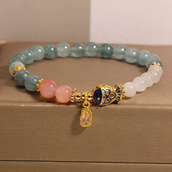 Buddha Stones Jade Yanyuan Ágata Jade Blanco Pez Koi Amuleto de Escritura Pulsera de la Suerte
