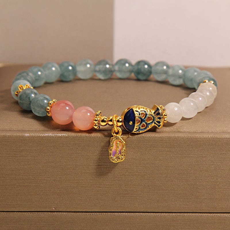 Buddha Stones Jade Yanyuan Ágata Jade Blanco Pez Koi Amuleto de Escritura Pulsera de la Suerte