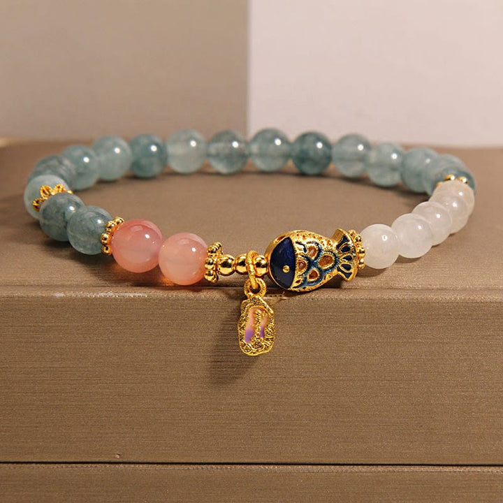 Buddha Stones Jade Yanyuan Ágata Jade Blanco Pez Koi Amuleto de Escritura Pulsera de la Suerte