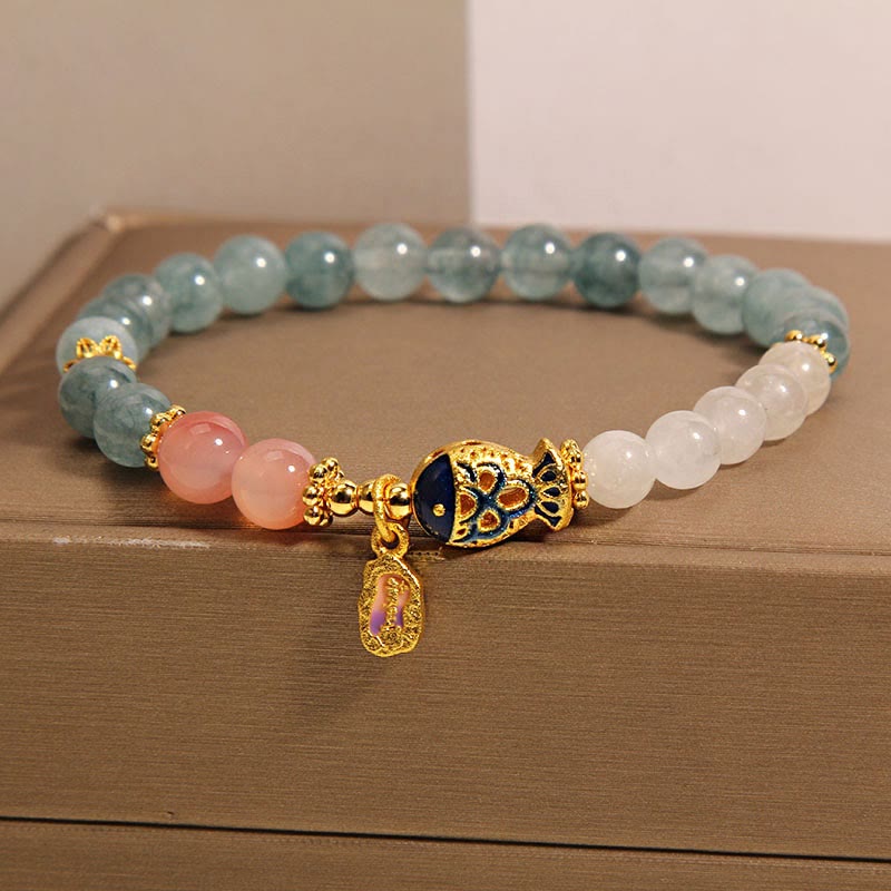 Buddha Stones Jade Yanyuan Ágata Jade Blanco Pez Koi Amuleto de Escritura Pulsera de la Suerte