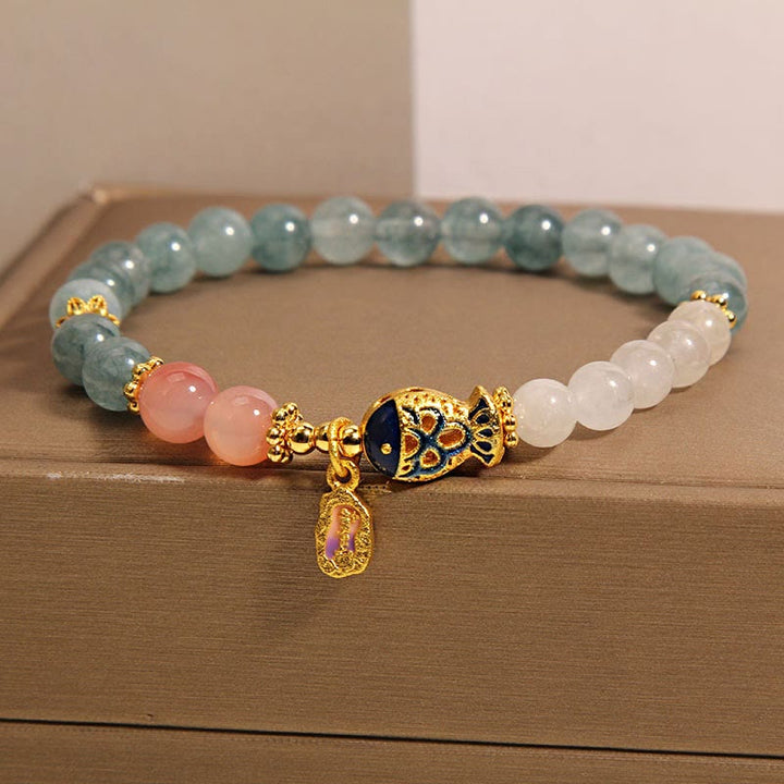 Buddha Stones Jade Yanyuan Ágata Jade Blanco Pez Koi Amuleto de Escritura Pulsera de la Suerte