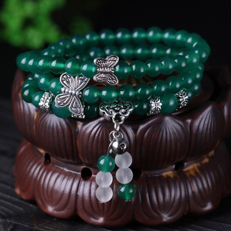 Buddha Stones Pulsera de Soporte de Mariposa de Ágata Verde Natural