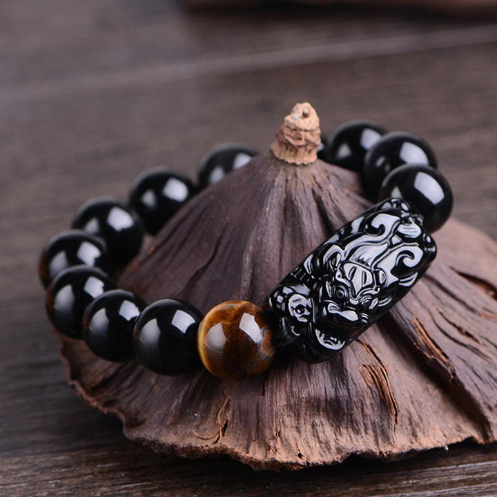 Pulsera de fuerza de ojo de tigre y PiXiu de obsidiana negra natural de Buddha Stones