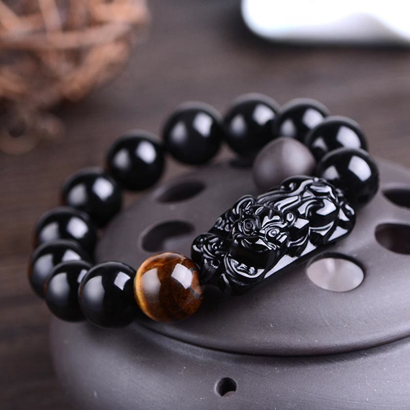 Pulsera de fuerza de ojo de tigre y PiXiu de obsidiana negra natural de Buddha Stones
