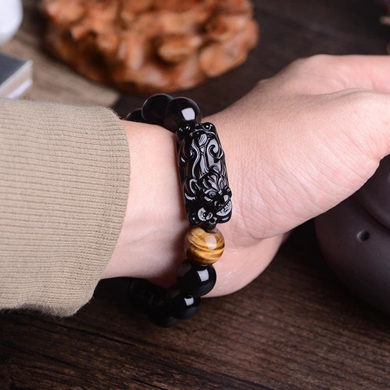 Pulsera de fuerza de ojo de tigre y PiXiu de obsidiana negra natural de Buddha Stones
