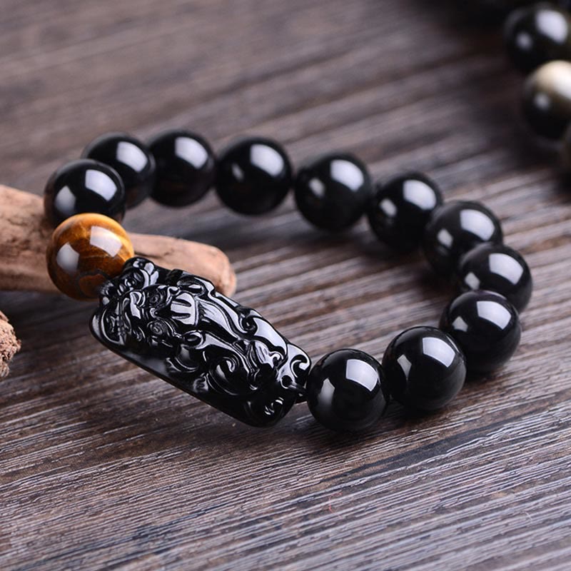 Pulsera de fuerza de ojo de tigre y PiXiu de obsidiana negra natural de Buddha Stones