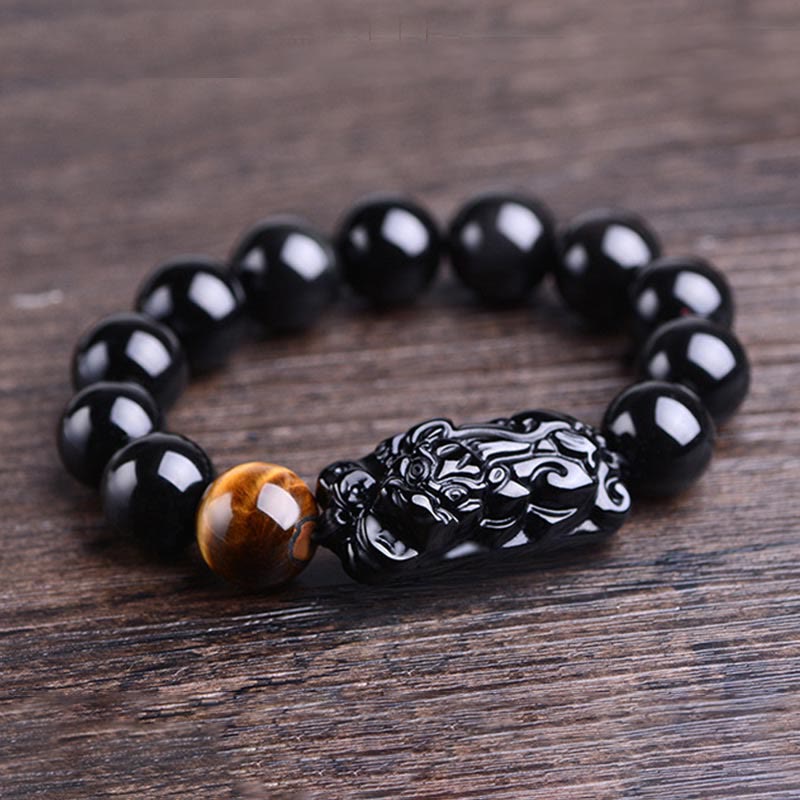 Pulsera de fuerza de ojo de tigre y PiXiu de obsidiana negra natural de Buddha Stones
