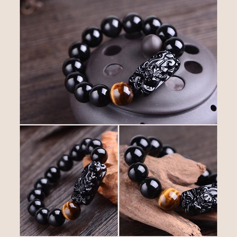 Pulsera de fuerza de ojo de tigre y PiXiu de obsidiana negra natural de Buddha Stones