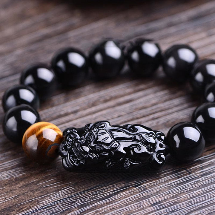 Pulsera de fuerza de ojo de tigre y PiXiu de obsidiana negra natural de Buddha Stones