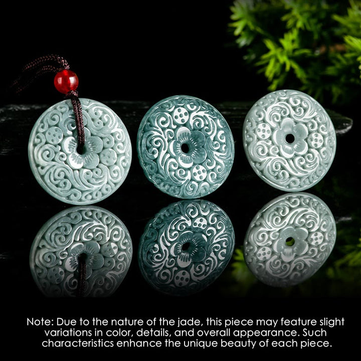 Colgante de collar de abundancia con broche de paz tallado en flor de jade verde de Buddha Stones