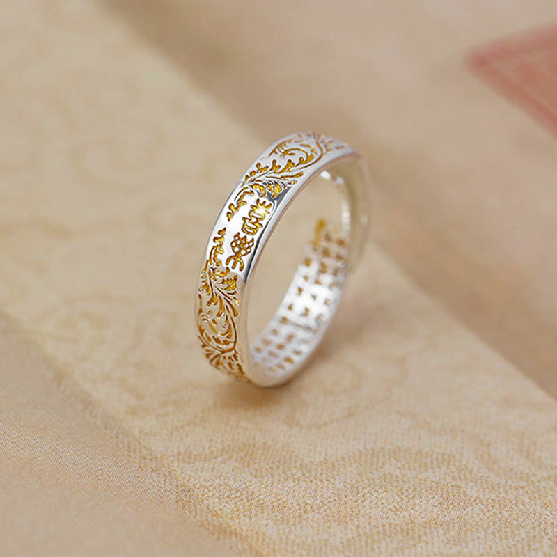 Buddha Stones paz y alegría diseño de flores de la dinastía Tang anillo ajustable de cobre con sutra del corazón de loto tallado de la suerte