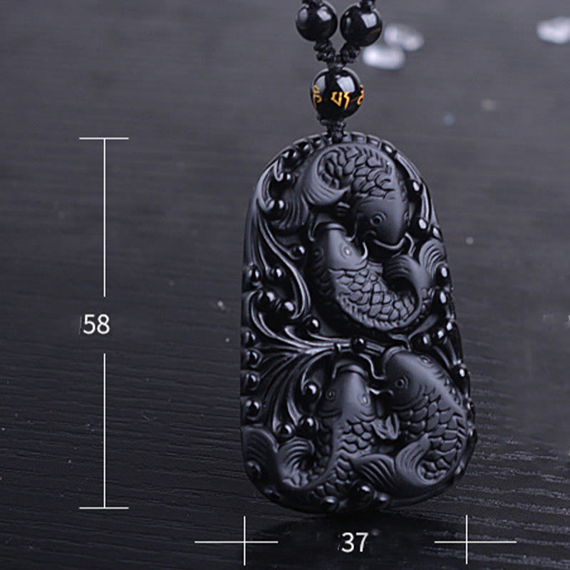 Colgante de collar con cuentas grabadas de fuerza con pez koi en obsidiana negra de Buddha Stones - image 16