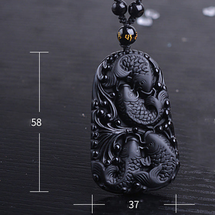Colgante de collar con cuentas grabadas de fuerza con pez koi en obsidiana negra de Buddha Stones - image 16