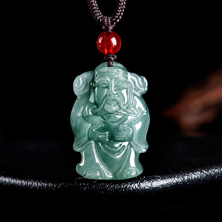 Colgante de abundancia en collar con jade verde natural y dios chino de la riqueza Caishen de Buddha Stones