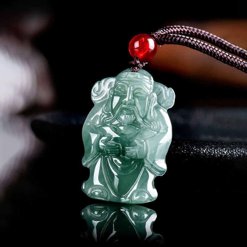 Colgante de abundancia en collar con jade verde natural y dios chino de la riqueza Caishen de Buddha Stones