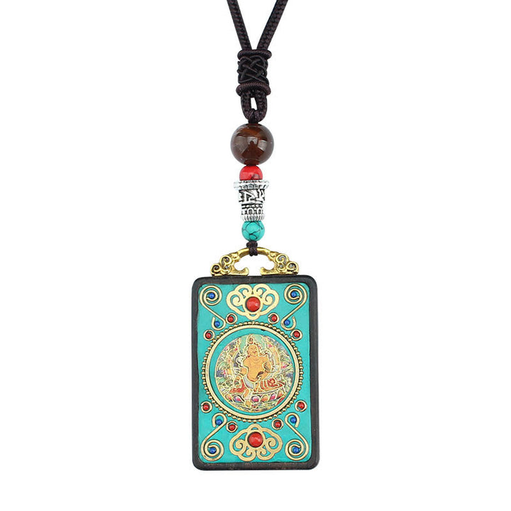 Buddha Stones Tibet Dios de la Riqueza Árbol del Dinero Fénix Dorado Thangka Colgante Collar de Ébano Paz