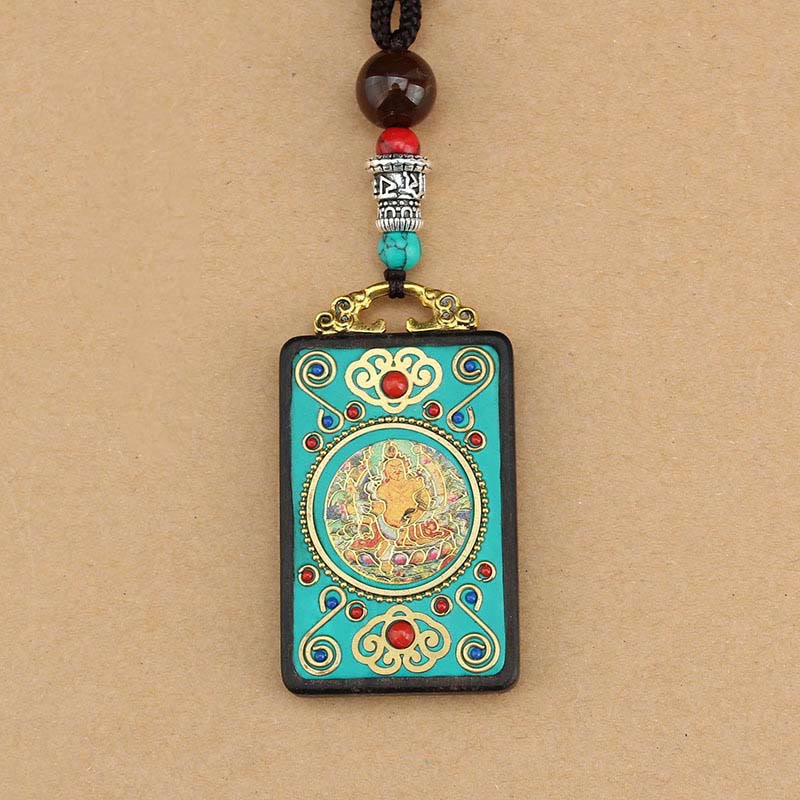 Buddha Stones Tibet Dios de la Riqueza Árbol del Dinero Fénix Dorado Thangka Colgante Collar de Ébano Paz