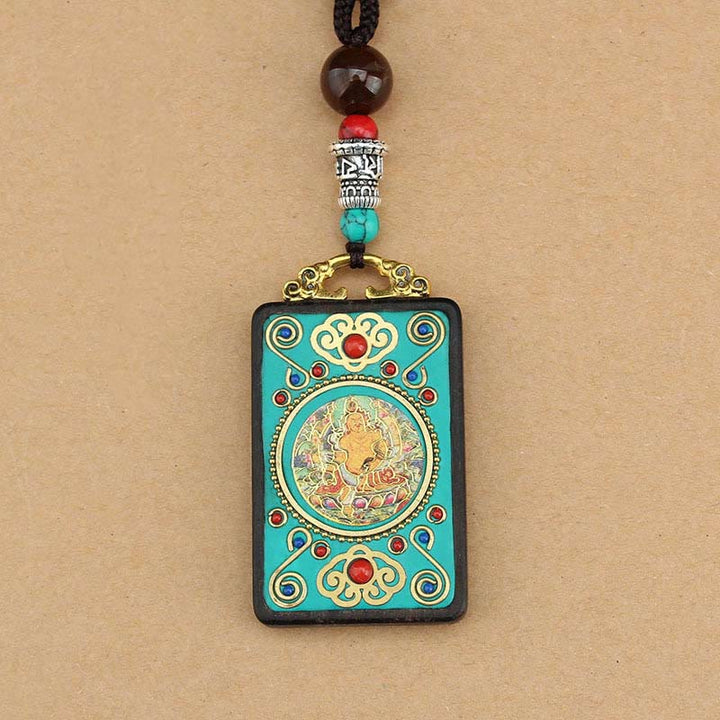 Buddha Stones Tibet Dios de la Riqueza Árbol del Dinero Fénix Dorado Thangka Colgante Collar de Ébano Paz