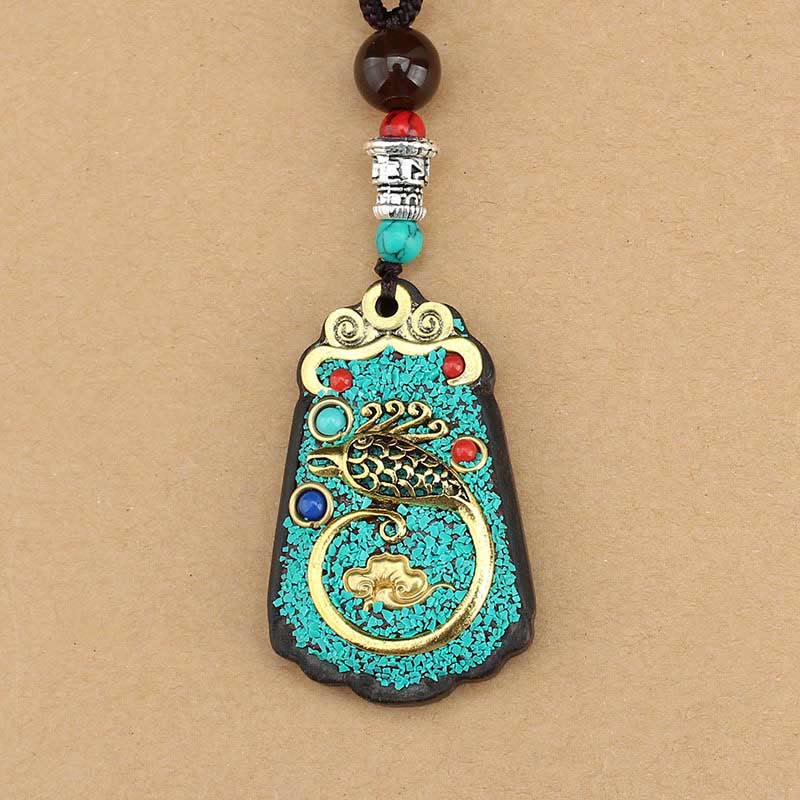 Buddha Stones Tibet Dios de la Riqueza Árbol del Dinero Fénix Dorado Thangka Colgante Collar de Ébano Paz